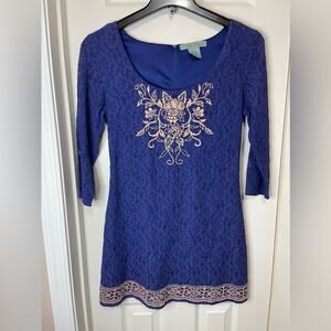Flying Tomato Embroidered Blue Lace Y2K Retro 3/4 Sleeve Dress Size Large